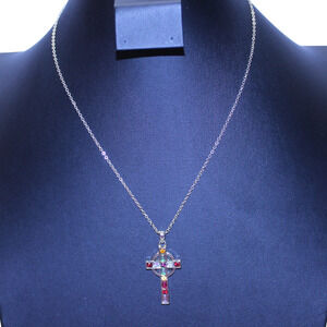Celtic Cross Necklace Multi Colored Rhinestone Stone Silver Tone